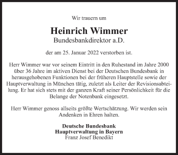 Traueranzeige von Heinrich Wimmer von Süddeutsche Zeitung