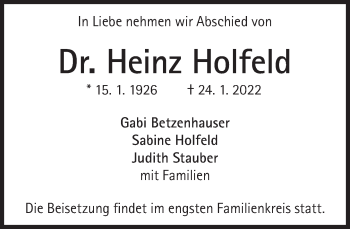 Traueranzeige von Heinz Holfeld von Süddeutsche Zeitung