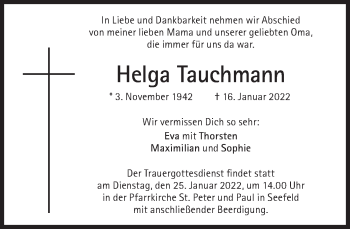 Traueranzeige von Helga Tauchmann von Süddeutsche Zeitung