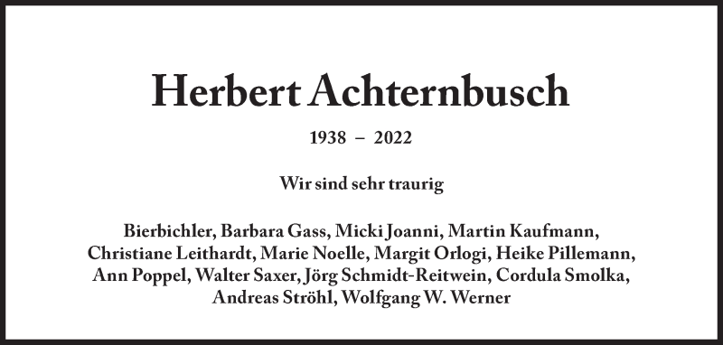  Traueranzeige für Herbert Achternbusch vom 22.01.2022 aus Süddeutsche Zeitung