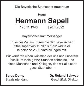 Traueranzeige von Hermann Sapell von Süddeutsche Zeitung