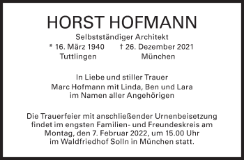 Traueranzeige von Horst Hofmann von Süddeutsche Zeitung