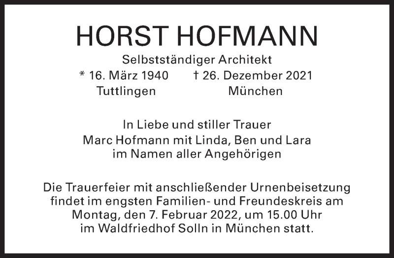  Traueranzeige für Horst Hofmann vom 15.01.2022 aus Süddeutsche Zeitung