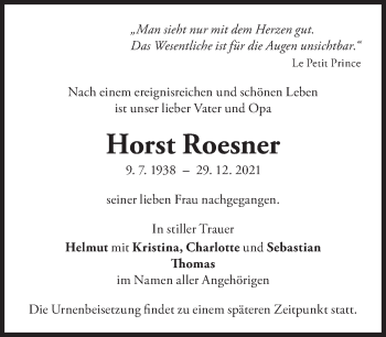 Traueranzeige von Horst Roesner von Süddeutsche Zeitung
