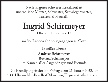Traueranzeige von Ingrid Schirmeyer von Süddeutsche Zeitung