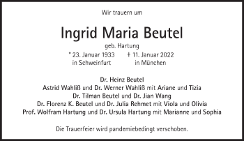 Traueranzeige von Ingrid Maria Beutel von Süddeutsche Zeitung