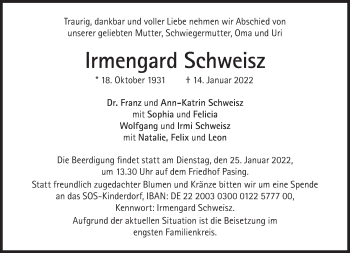 Traueranzeige von Irmengard Schweisz von Süddeutsche Zeitung