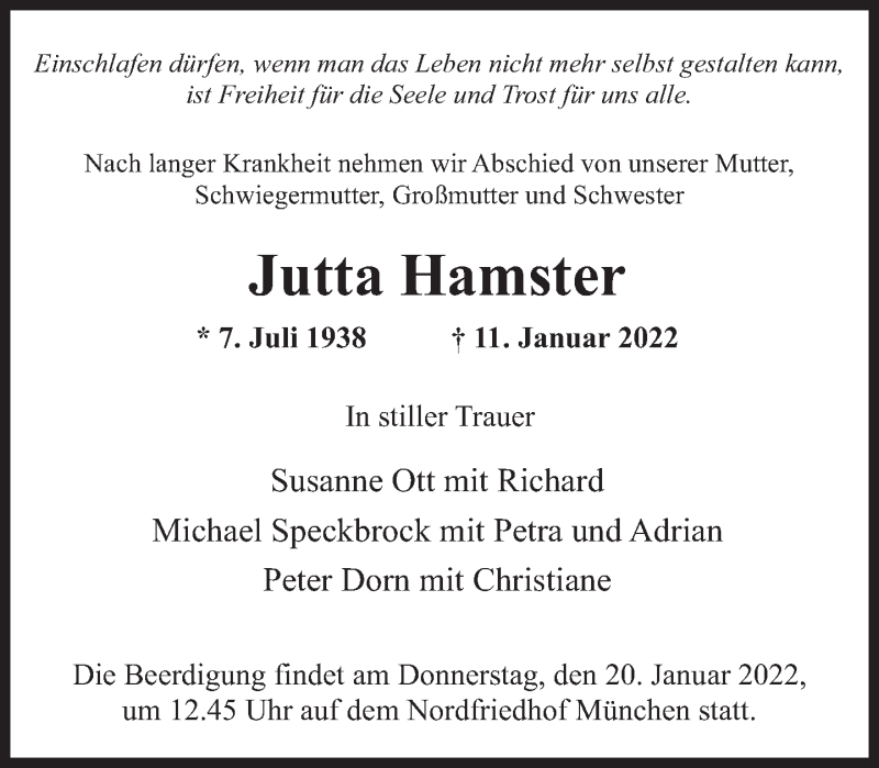  Traueranzeige für Jutta Hamster vom 15.01.2022 aus Süddeutsche Zeitung