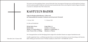 Traueranzeige von Kastulus Bader von Süddeutsche Zeitung