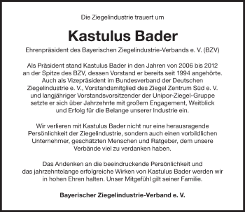 Traueranzeige von Kastulus Bader von Süddeutsche Zeitung