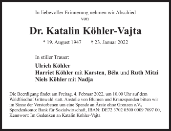Traueranzeige von Katalin Köhler-Vajta von Süddeutsche Zeitung