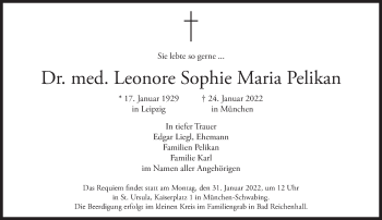 Traueranzeige von Leonore Sophie Maria Pelikan von Süddeutsche Zeitung