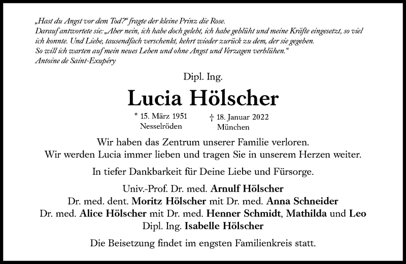  Traueranzeige für Lucia Hölscher vom 22.01.2022 aus Süddeutsche Zeitung