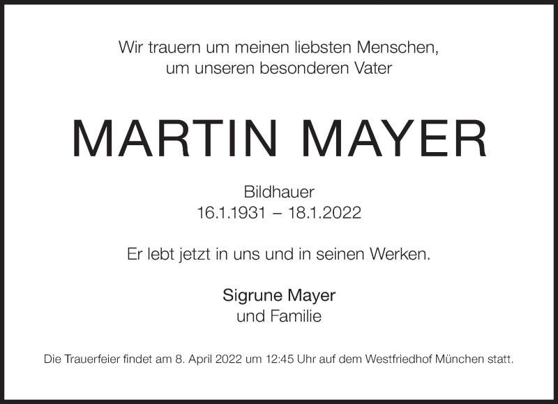  Traueranzeige für Martin Mayer vom 29.01.2022 aus Süddeutsche Zeitung