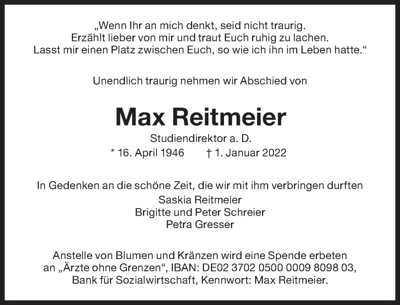  Traueranzeige für Max Reitmeier vom 05.01.2022 aus Süddeutsche Zeitung