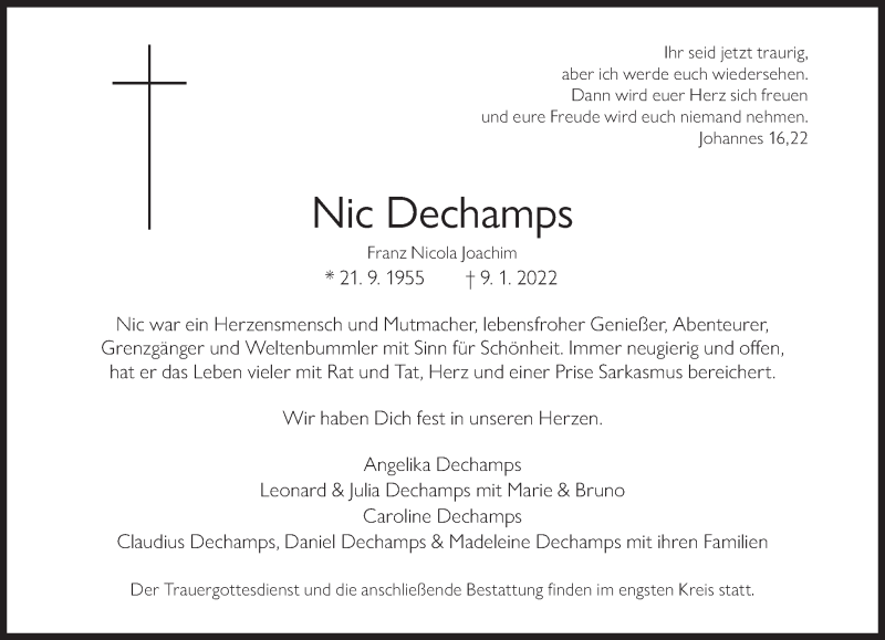  Traueranzeige für Nic Dechamps vom 21.01.2022 aus Süddeutsche Zeitung
