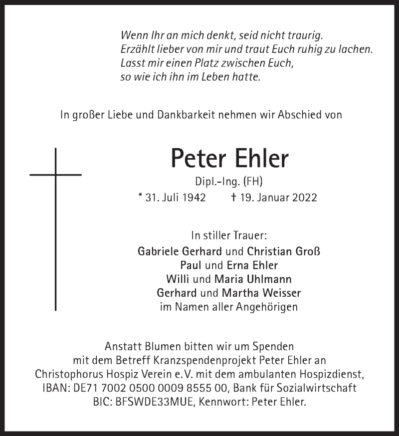  Traueranzeige für Peter Ehler vom 29.01.2022 aus Süddeutsche Zeitung