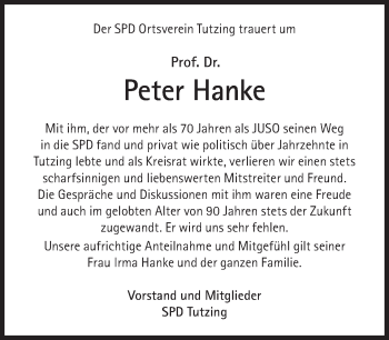 Traueranzeige von Peter Hanke von Süddeutsche Zeitung