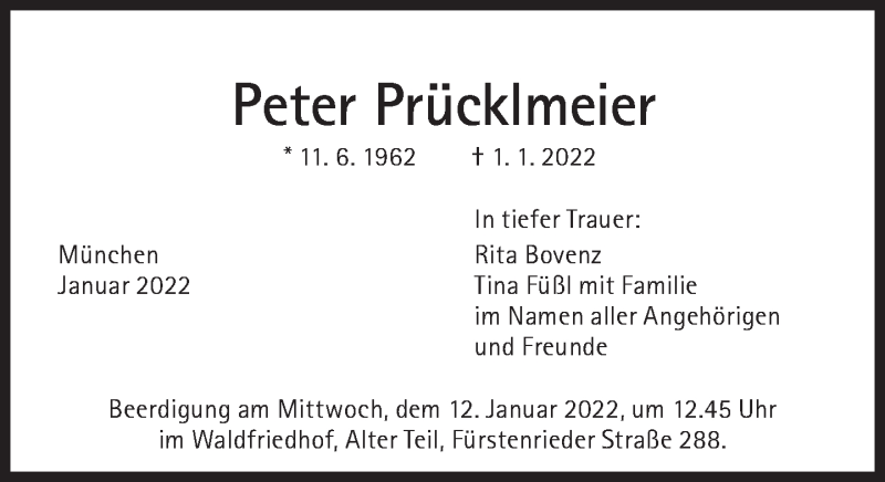  Traueranzeige für Peter Prücklmeier vom 08.01.2022 aus Süddeutsche Zeitung