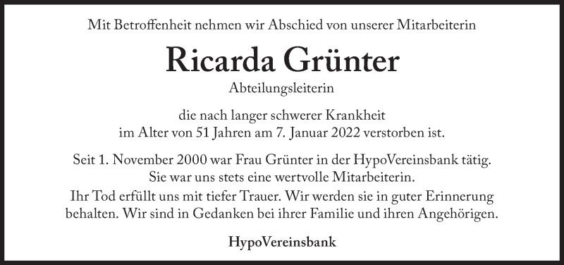  Traueranzeige für Ricarda Grünter vom 18.01.2022 aus Süddeutsche Zeitung
