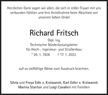 Traueranzeige von Richard Fritsch von Süddeutsche Zeitung