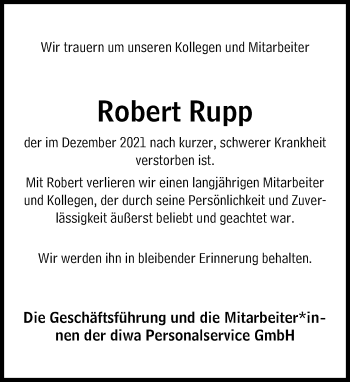 Traueranzeige von Robert Rupp von Süddeutsche Zeitung