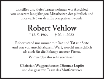 Traueranzeige von Robert Vehlow von Süddeutsche Zeitung