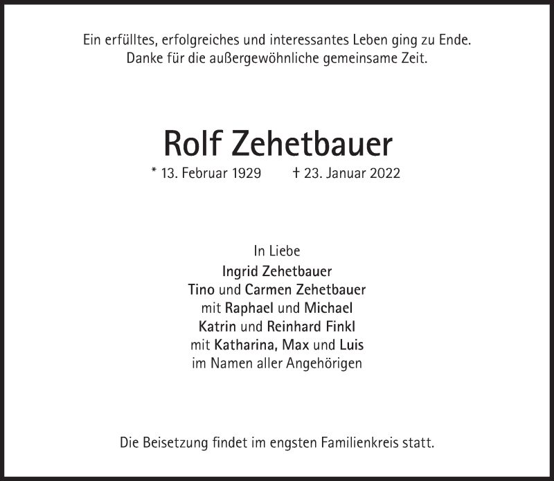  Traueranzeige für Rolf Zehetbauer vom 29.01.2022 aus Süddeutsche Zeitung