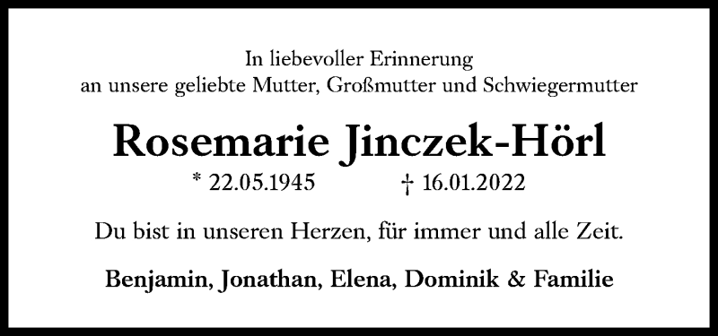  Traueranzeige für Rosemarie Jinczek-Hörl vom 22.01.2022 aus Süddeutsche Zeitung