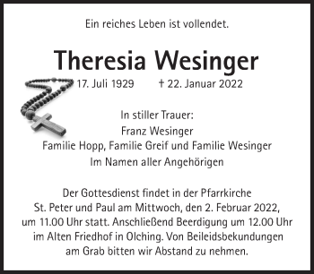 Traueranzeige von Theresia Wesinger von Süddeutsche Zeitung