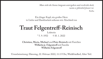 Traueranzeige von Traut Felgentreff-Reinisch von Süddeutsche Zeitung