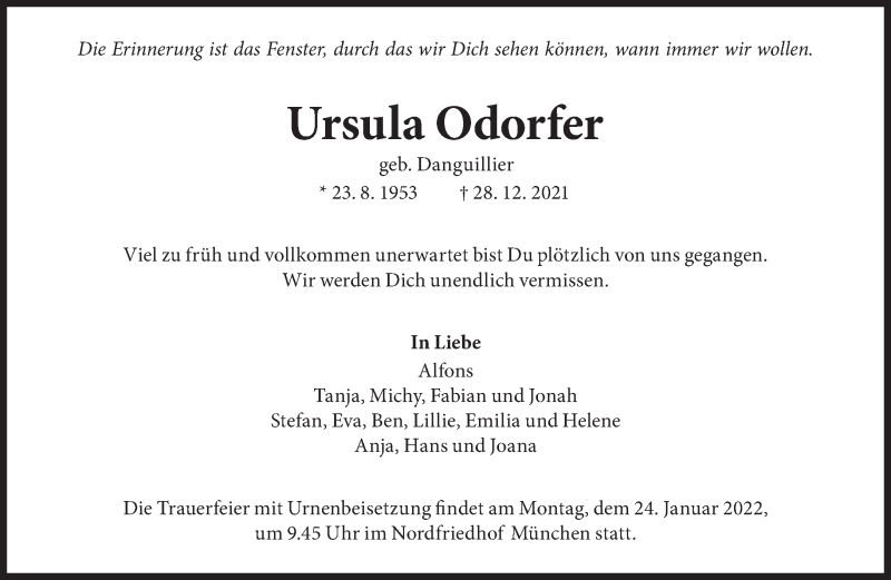  Traueranzeige für Ursula Odorfer vom 15.01.2022 aus Süddeutsche Zeitung