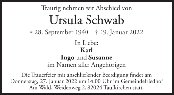 Traueranzeige von Ursula Schwab von Süddeutsche Zeitung
