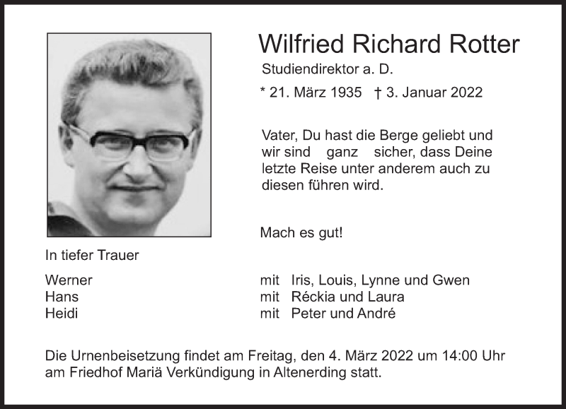  Traueranzeige für Wilfried Richard Rotter vom 08.01.2022 aus Süddeutsche Zeitung