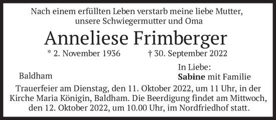 Traueranzeige von Anneliese Frimberger von Süddeutsche Zeitung