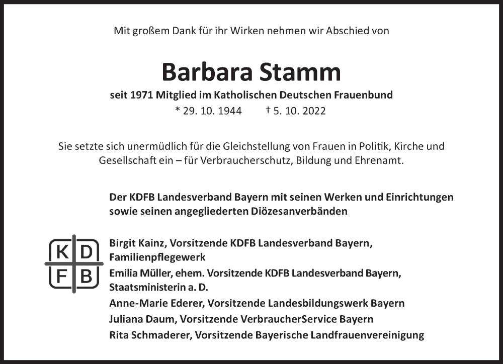  Traueranzeige für Barbara Stamm vom 08.10.2022 aus Süddeutsche Zeitung