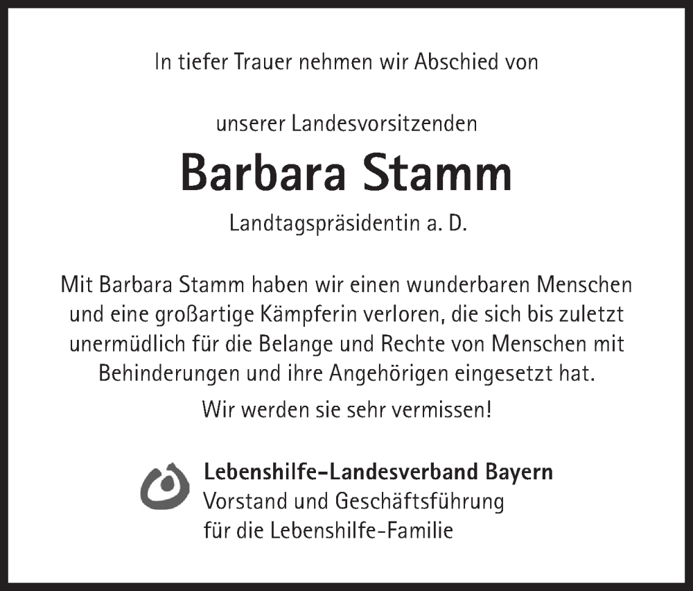  Traueranzeige für Barbara Stamm vom 08.10.2022 aus Süddeutsche Zeitung