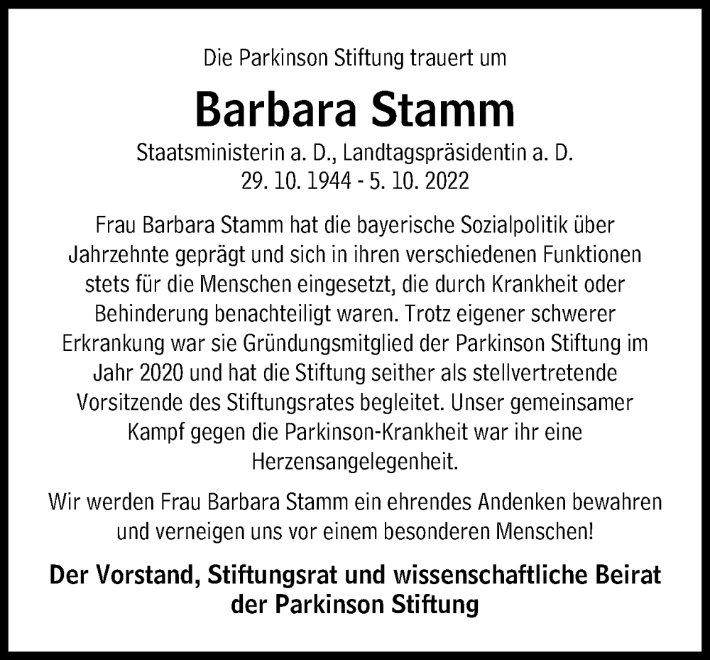  Traueranzeige für Barbara Stamm vom 15.10.2022 aus Süddeutsche Zeitung