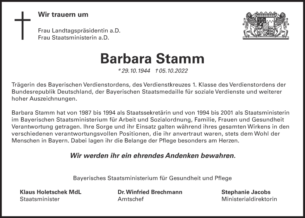 Traueranzeige für Barbara Stamm vom 14.10.2022 aus Süddeutsche Zeitung