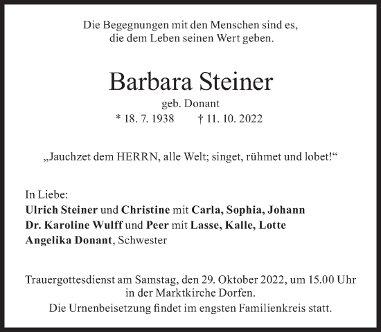 Traueranzeige von Barbara Steiner von Süddeutsche Zeitung