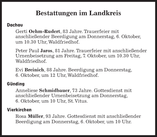 Traueranzeige von Bestattungen vom 06.10.2022 von Süddeutsche Zeitung