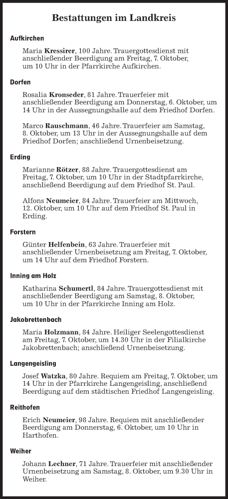 Traueranzeige von Bestattungen vom 06.10.2022 von Süddeutsche Zeitung