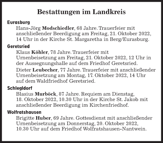 Traueranzeige von Bestattungen vom 17.10.2022 von Süddeutsche Zeitung