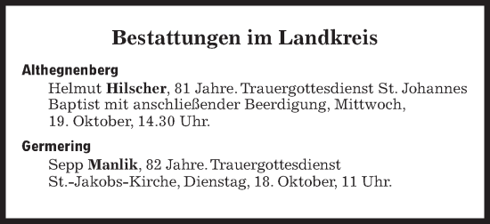 Traueranzeige von Bestattungen vom 18.10.2022 von Süddeutsche Zeitung