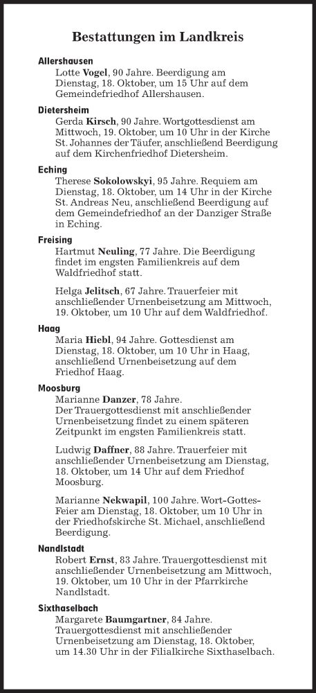 Traueranzeige von Bestattungen vom 18.10.2022 von Süddeutsche Zeitung