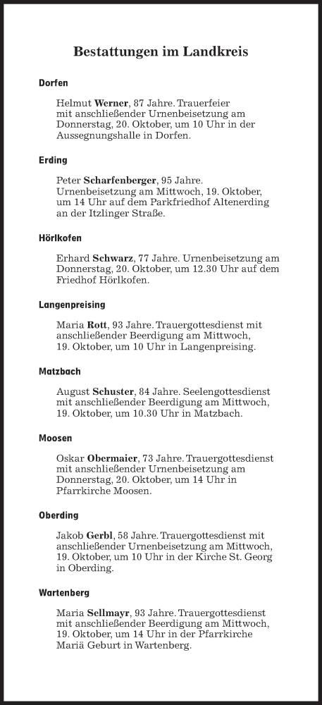 Traueranzeige von Bestattungen vom 18.10.2022 von Süddeutsche Zeitung