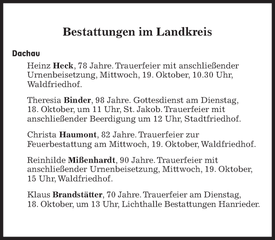 Traueranzeige von Bestattungen vom 18.10.2022 von Süddeutsche Zeitung