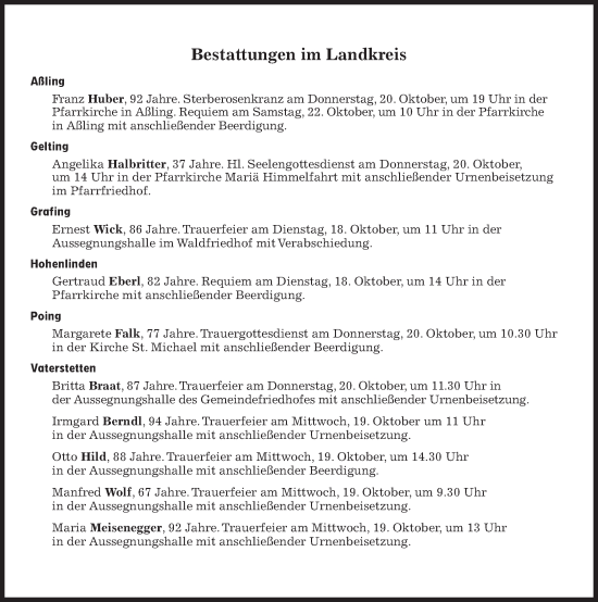 Traueranzeige von Bestattungen vom 18.10.2022 von Süddeutsche Zeitung