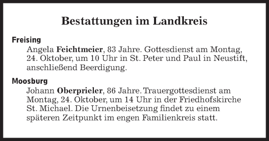 Traueranzeige von Bestattungen vom 24.10.2022 von Süddeutsche Zeitung