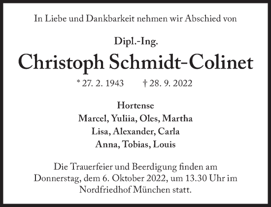 Traueranzeige von Christoph Schmidt-Colinet von Süddeutsche Zeitung